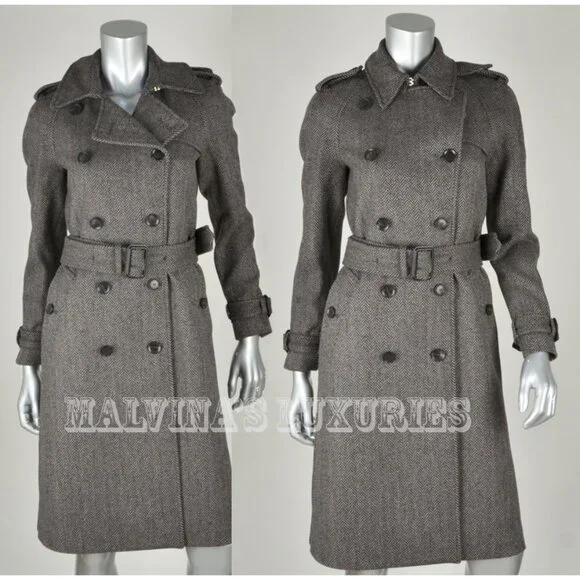 GUCCI COAT GREY WOOL HERRINGBONE DOUBLE BREASTED LONG JACKET IT42/ US6